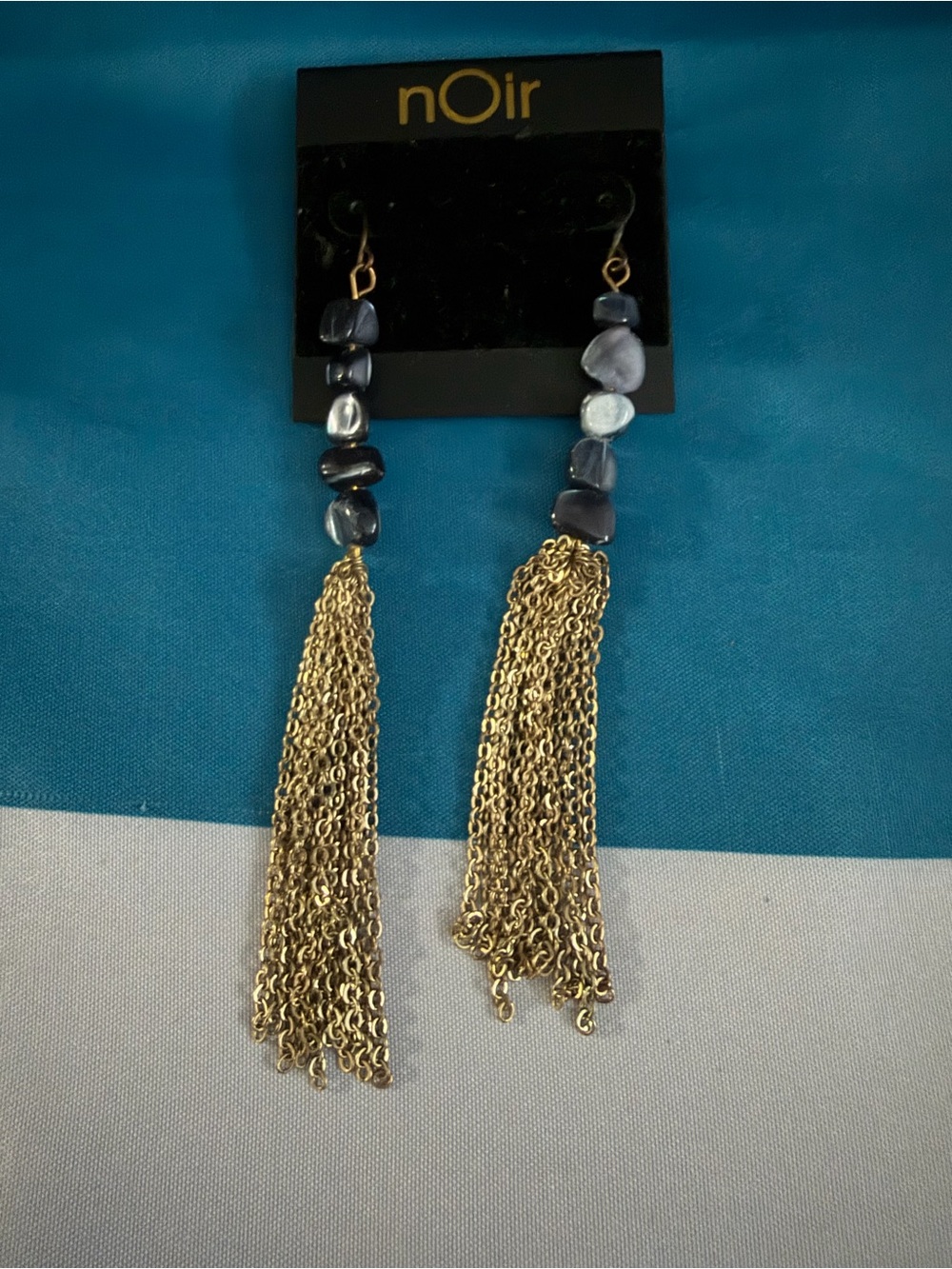 nOir Jewelry Gold Tassel Earrings with Dark Blue Beads